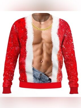 Red and White Muscle-Print Ugly Christmas Crewneck Sweater XXL- Daisys Boutique